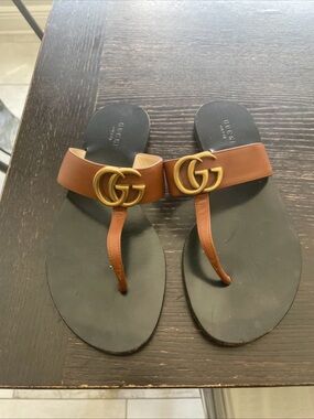 GUCCI Brown Marmont Gold Bronze Metal GG Logo Sandals Flip Flops Size EU 36 US 6